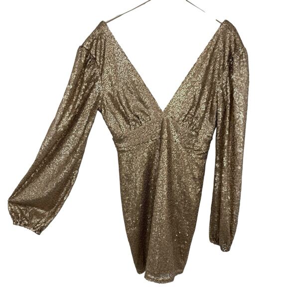 Altar'd State Gold Sequin Mini Dress size Medium Ballon Sleeve Deep V neck - Picture 1 of 13